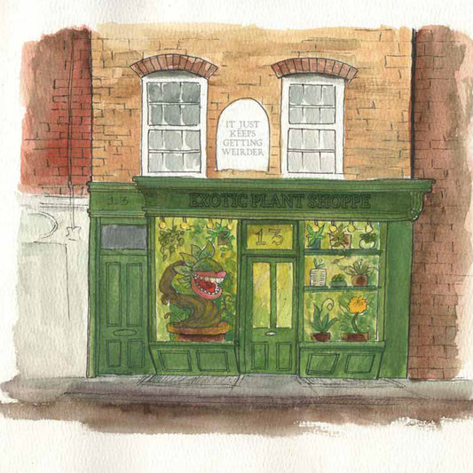 Illustration of a exotic plant shop with a green facade and decorative elements.