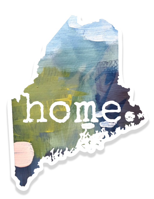 Abstract Maine-shaped vinyl sticker featuring layered blue, green, and pink acrylic artwork with the word “home” in white text.