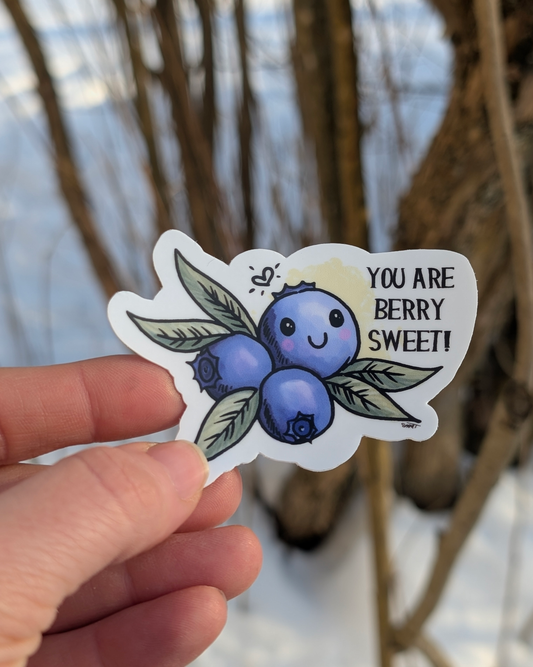 Hand holding a “You are berry sweet!” blueberry vinyl sticker outdoors in a winter woodland setting.