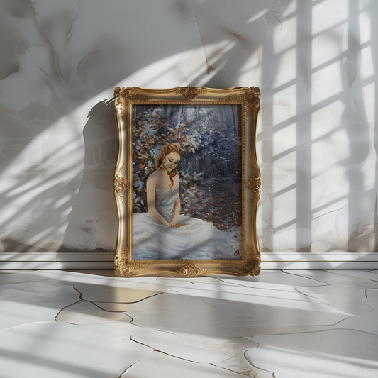 A fine art print featuring a painting of a girl in a flowing dress, sitting in a forest during autumn, with a background of trees and autumn leaves.