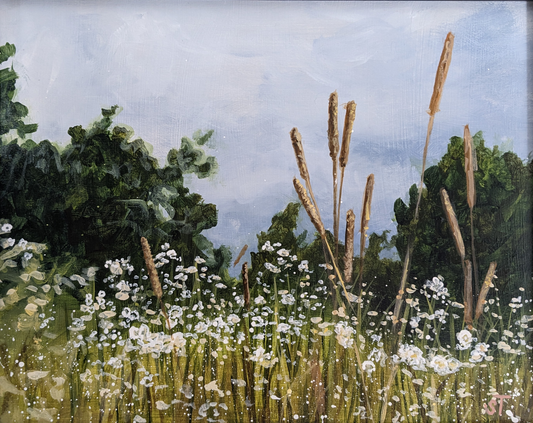 Original acrylic Mainecore artwork featuring a field of flowers and timothy grass against a brooding gray sky.