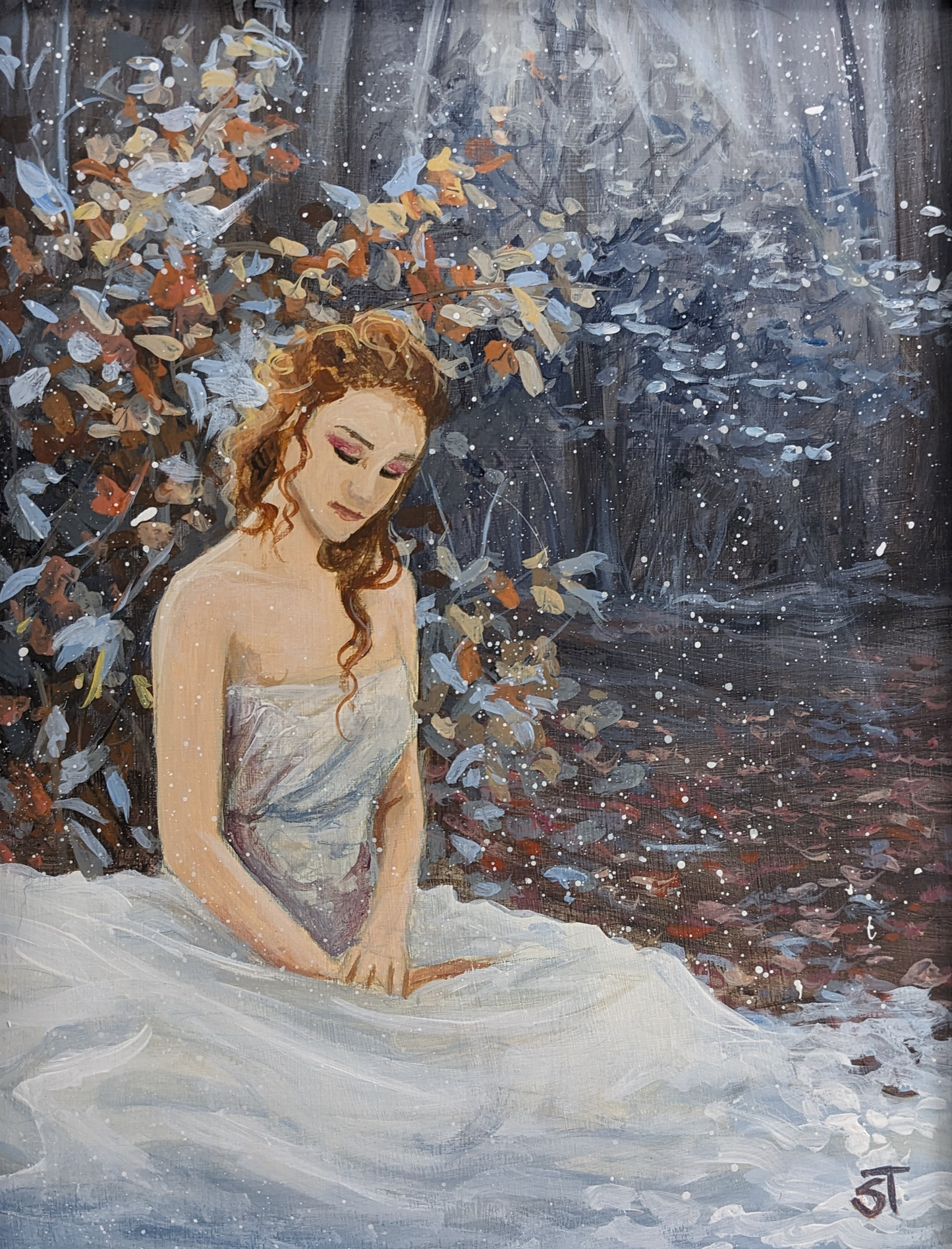 Original artwork for Autumns End, featuring a girl in a flowing white dress, sitting peacefully in a frost touched autumn scene.