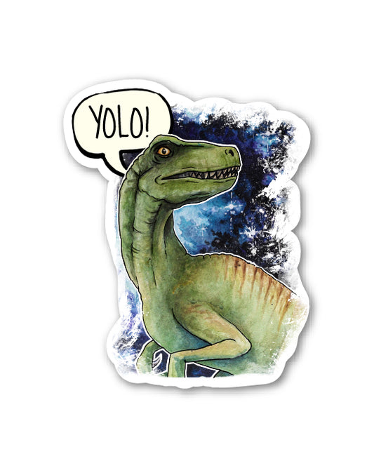 Sticker of a dinosaur with a 'Yolo!' speech bubble against a space-themed background