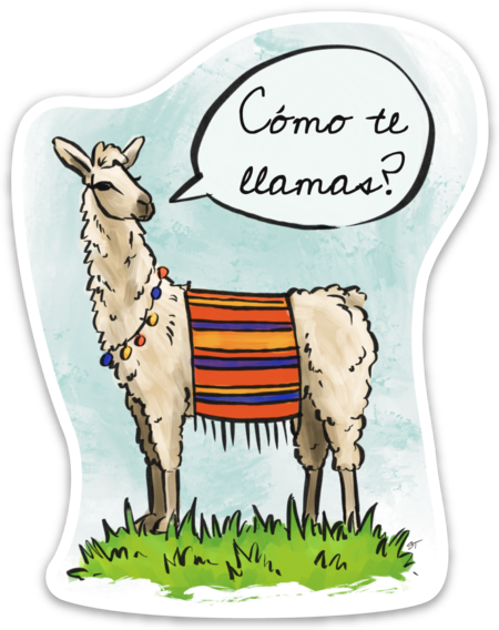 Illustrated llama sticker artwork with a colorful blanket, grass foreground, and the Spanish text “¿Cómo te llamas?”
