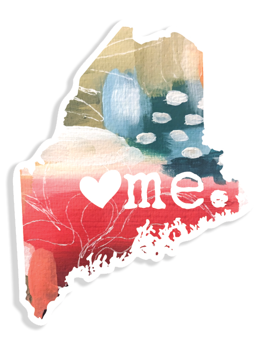 Maine-shaped vinyl sticker with abstract red, teal, and neutral acrylic artwork and white heart and “me” text.