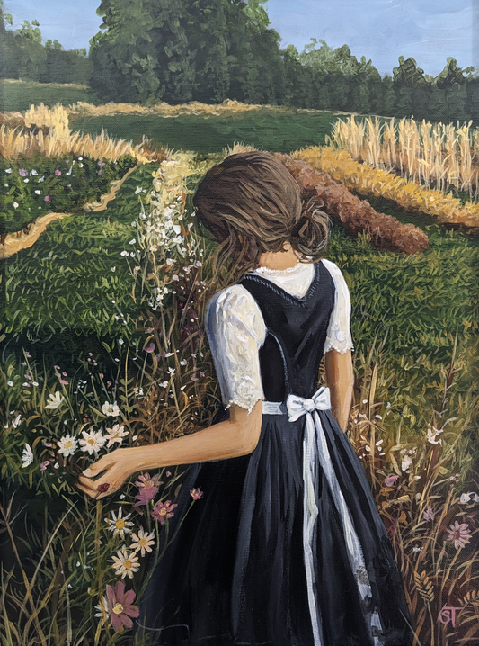 Field of Flowers original artwork featuring a female figure in a black and white dress, walking through a field of flowers in the late summer.