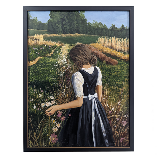 An original acrylic painting on canvas featuring a girl in a black and white dress, standing in a field of flowers with a black frame that has gold accents.