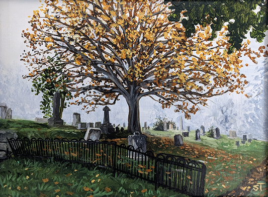Original Lakeview Cemetery artwork featuring a large autumnal oak tree in a misty cemetery.