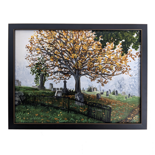 Original acrylic painting on wood panel featuring a stunning Autumnal tree in a misty cemetery with a black frame and gold touches, framed.