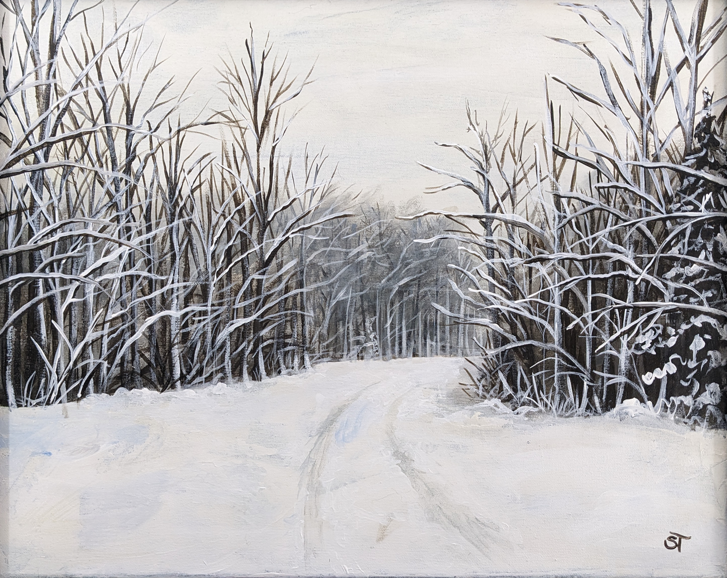 original route 143 acrylic artwork featuring a rural Maine, snow covered road.
