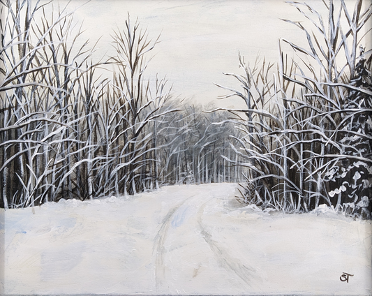 original route 143 acrylic artwork featuring a rural Maine, snow covered road.