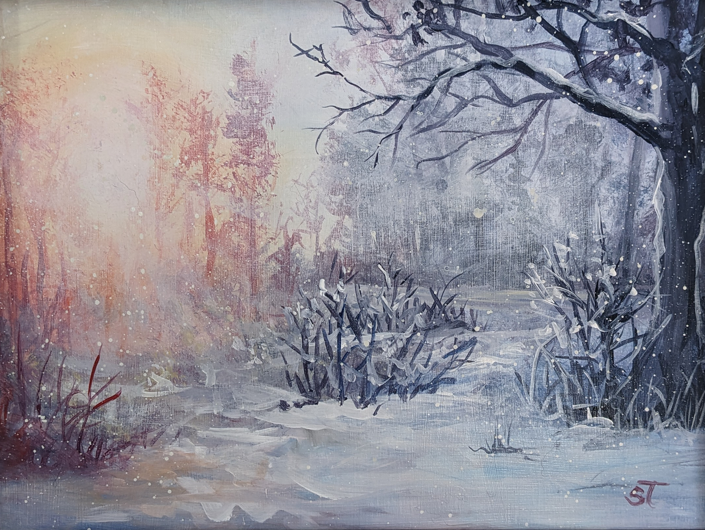 Original Winter Wonderland artwork featuring a frosted landscape backlit with glowing warmth from the sun.