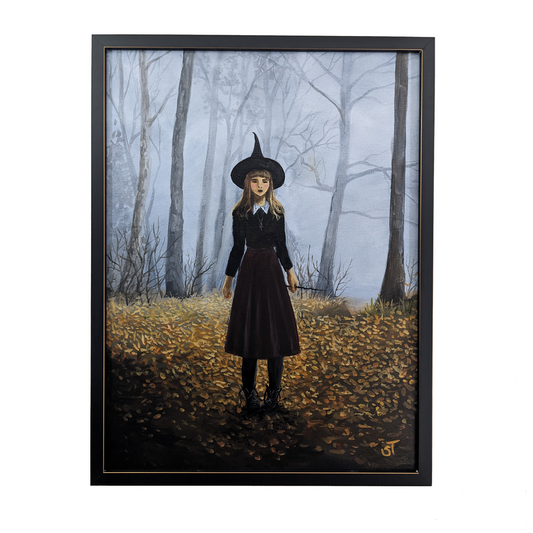 An original acrylic painting on canvas featuring a witch girl in a forest setting, framed in a black frame with gold accents.