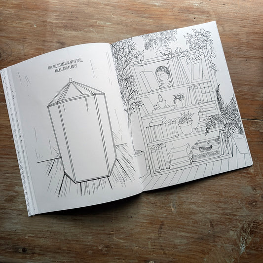 Sample interior coloring book spread featuring a bookshelf scene with plants, books, and decorative objects.