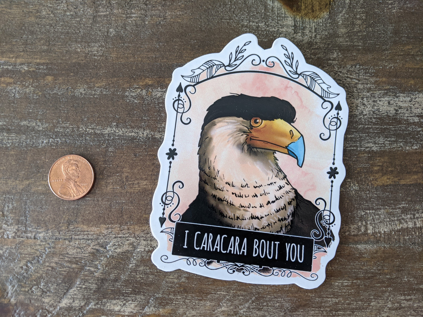 “I caracara bout you” Caracara bird vinyl sticker shown next to a penny for size reference on a wooden surface.