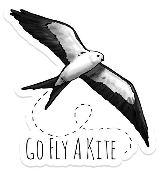 Vinyl sticker featuring an illustrated Kite bird in flight with a dotted flight path and the text “Go fly a kite.”