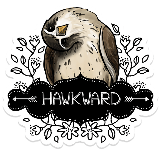 Vinyl sticker featuring an illustrated hawk with its head tilted, surrounded by floral elements, and the text “Hawkward.”