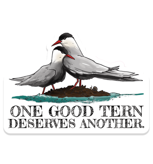 Vinyl sticker featuring two illustrated terns standing together with the text “One good tern deserves another.”
