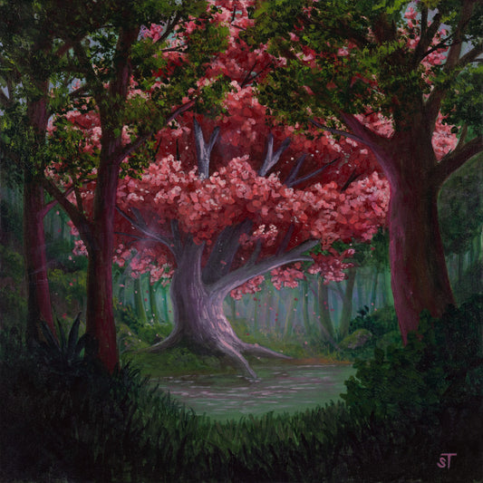 Fantasy painting of a large pink-leafed tree growing beside a quiet forest pool, framed by dark trees and lush greenery, with soft light filtering through the woods.