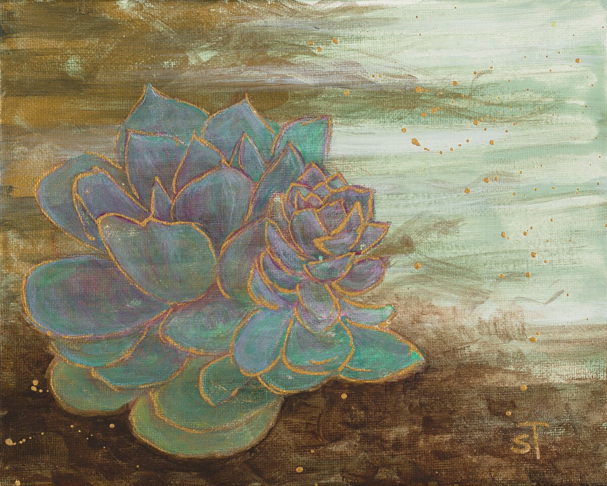Two purplish, blue-green succulents painted in acrylic with gold accents on a textured earth-toned background.