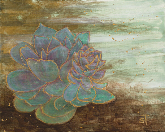 Two purplish, blue-green succulents painted in acrylic with gold accents on a textured earth-toned background.