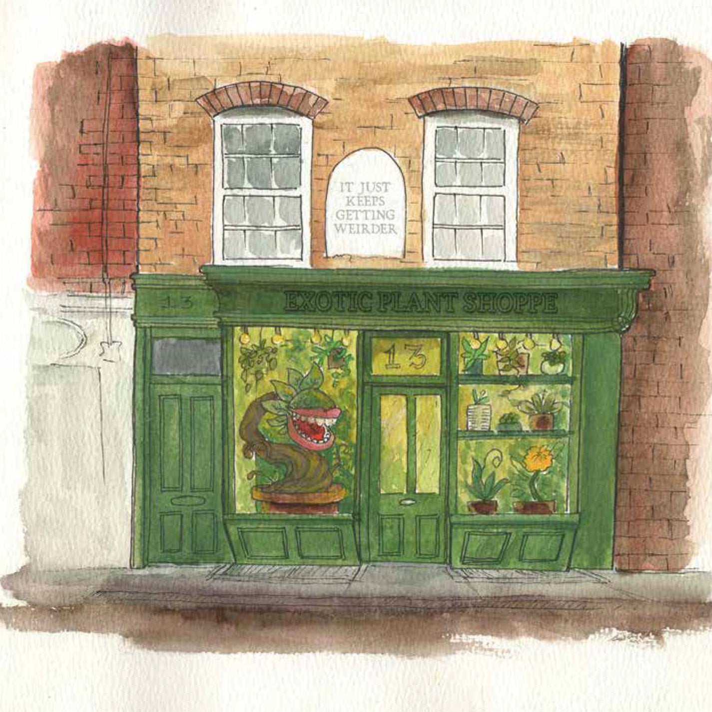 Illustration of a exotic plant shop with a green facade and decorative elements.
