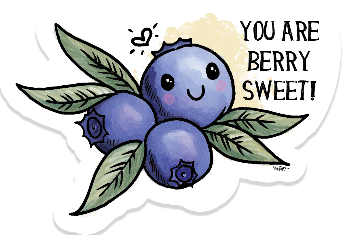 Blueberry vinyl sticker illustration with smiling blueberries, green leaves, and the text “You are berry sweet!”