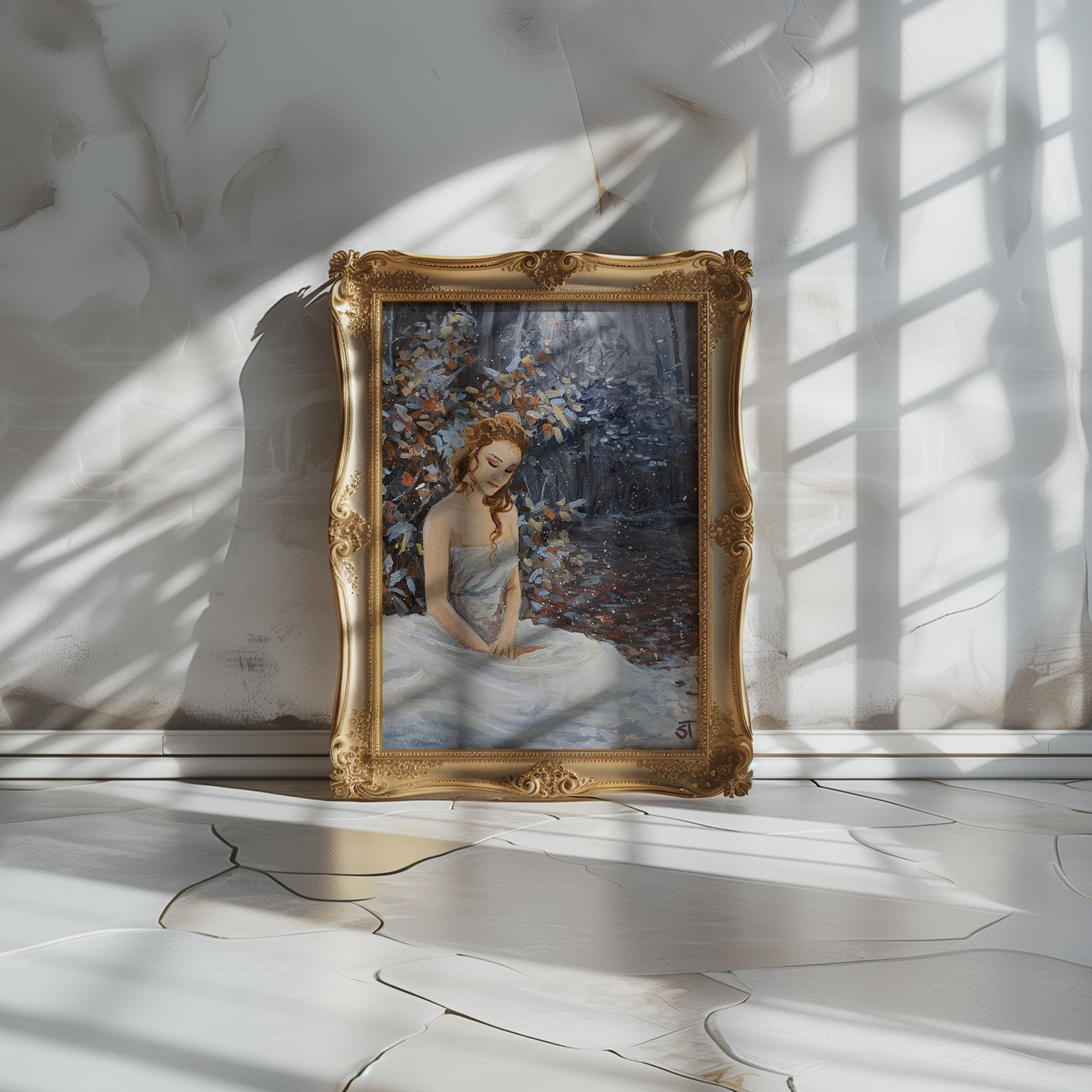 A fine art print featuring a painting of a girl in a flowing dress, sitting in a forest during autumn, with a background of trees and autumn leaves.