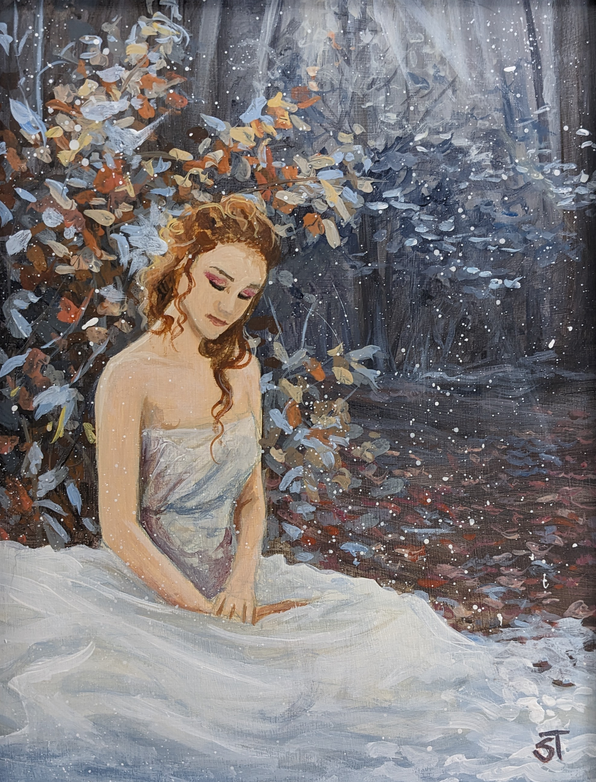 Original artwork for Autumns End, featuring a girl in a flowing white dress, sitting peacefully in a frost touched autumn scene. 