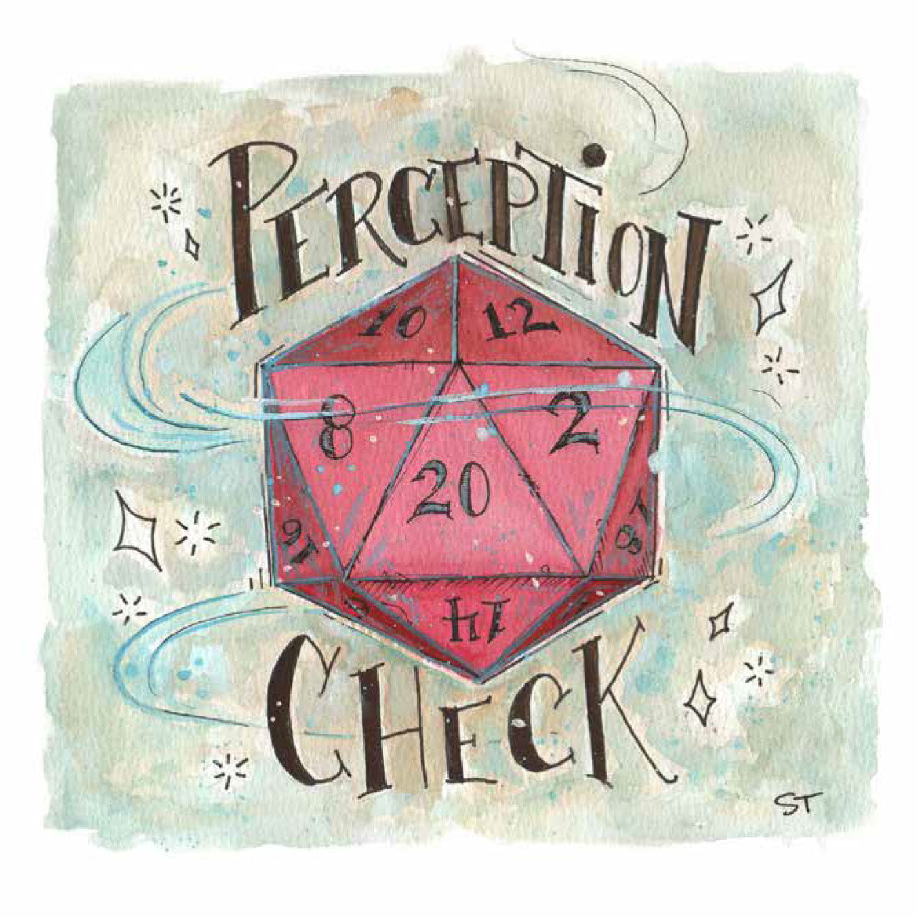 D20 dice with 'Perception Check' text on a watercolor background