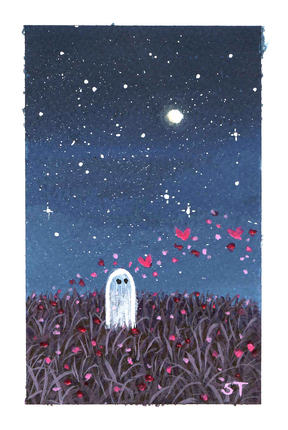 Ghost in a field of flowers under a starry night sky with hearts under a full moon.