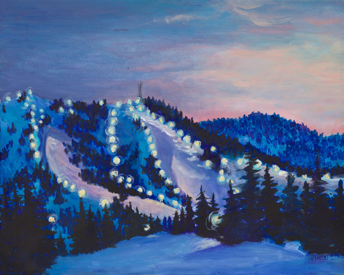 Nighttime landscape painting of snow-covered mountain slopes lined with glowing ski lights, surrounded by dark evergreen trees under a dusky sky.