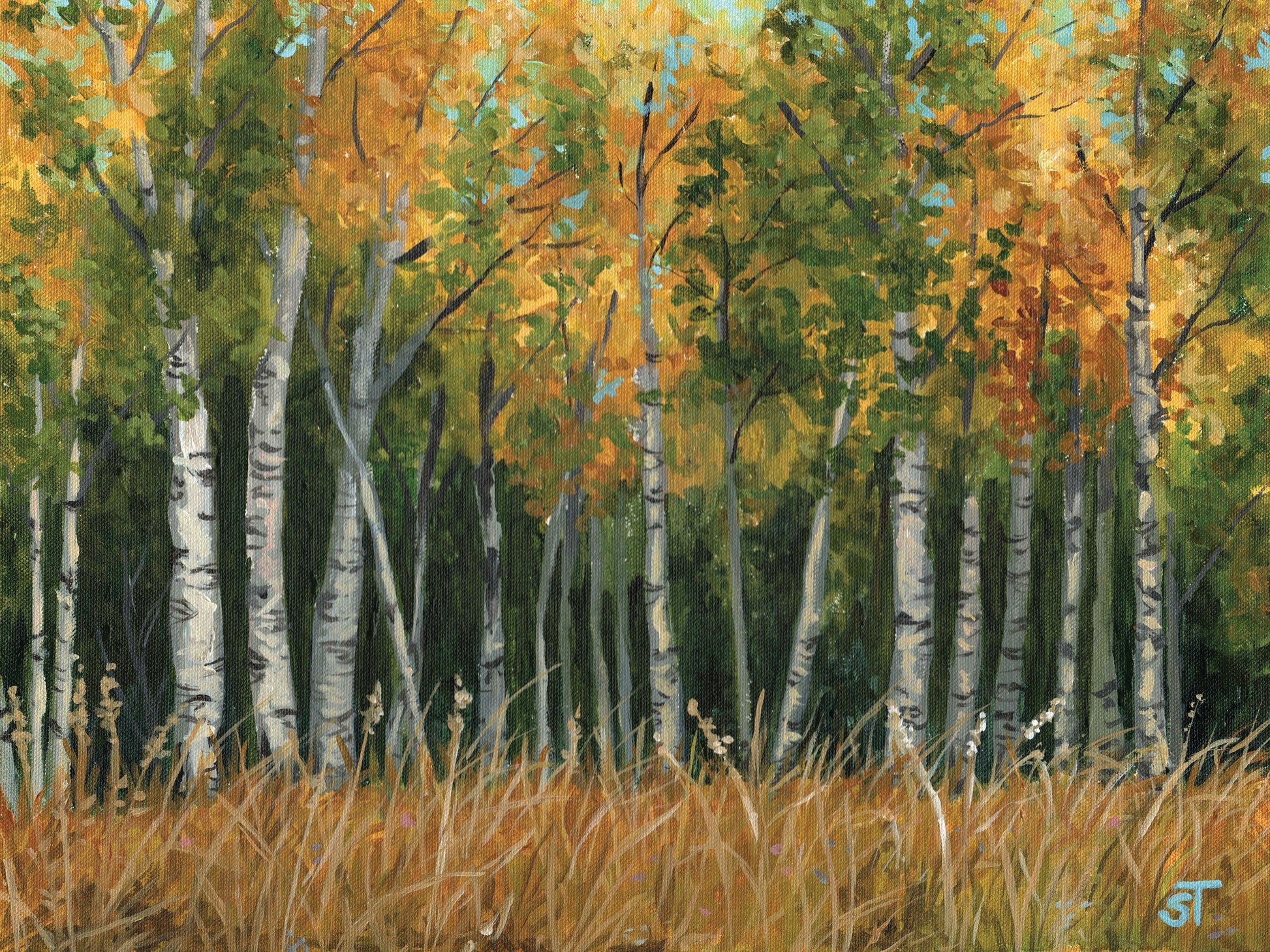 Painting of a forest with aspen trees and autumn foliage