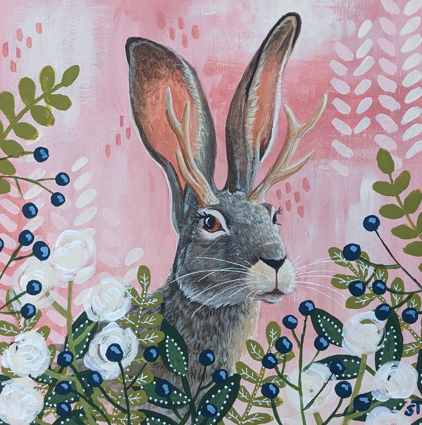 Original artwork of a jackalope nestled among berries and white blossoms against a textured pink abstract background.