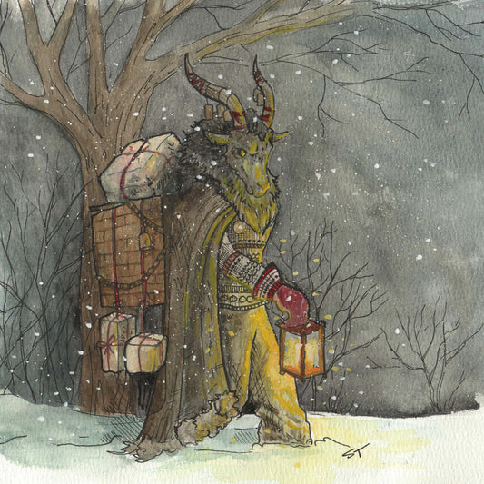 Illustration of a krampus walking in a snowy forest, holding lanterns.