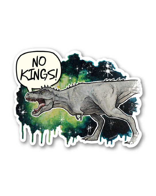 Sticker with a tyrannosaurus and 'No Kings!' text against a colorful background