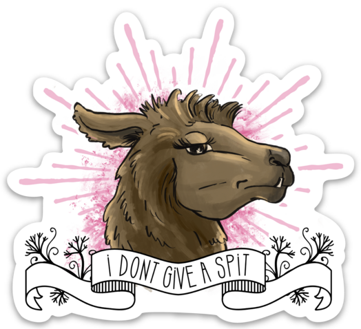 A vinyl decal featuring an illustrated llama with the text 'I DON'T GIVE A SPIT' on it, predominantly in brown and white colors with a pink background.