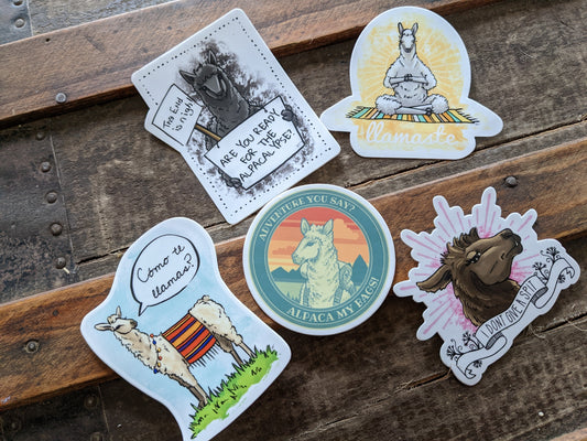 Set of llama and alpaca vinyl stickers photographed together on an old steamer trunk, featuring multiple illustrated designs with humorous text and expressions.