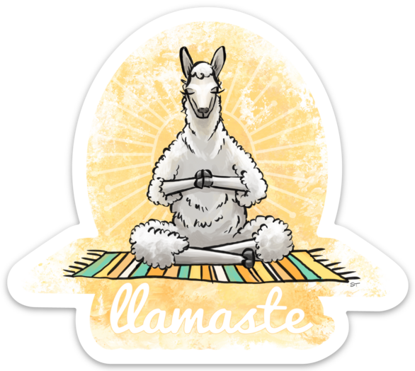 Illustrated vinyl sticker artwork featuring a meditating llama sitting cross-legged on a striped mat with a yellow sunburst background and the word “llamaste.”