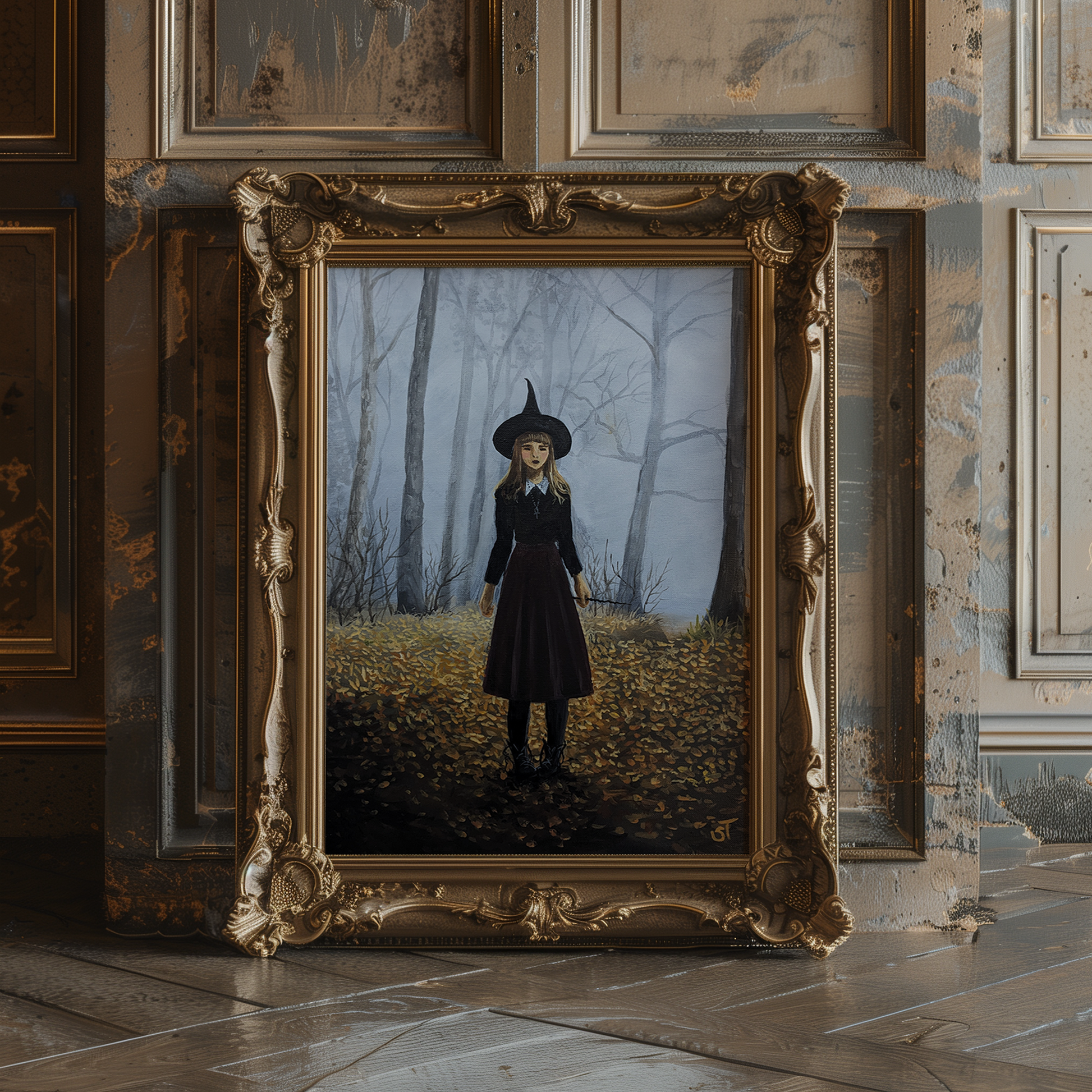 Witchcore art print, in an elaborate gold frame, leaned against a marble wall under natural lighting. 