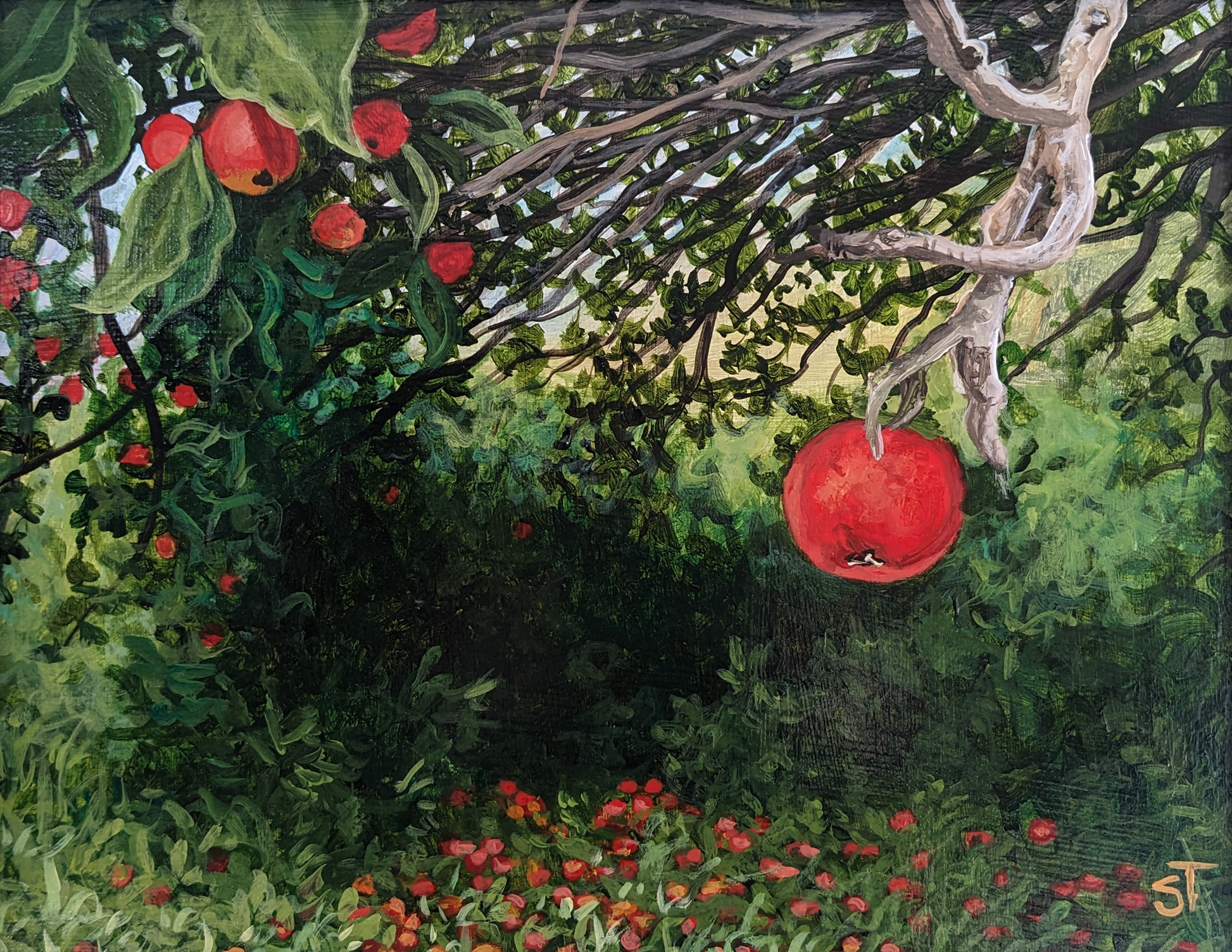 Easy Pickin artwork featuring an apple tree full of low hanging bright red apples.