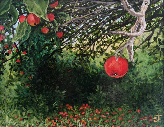 Easy Pickin artwork featuring an apple tree full of low hanging bright red apples.