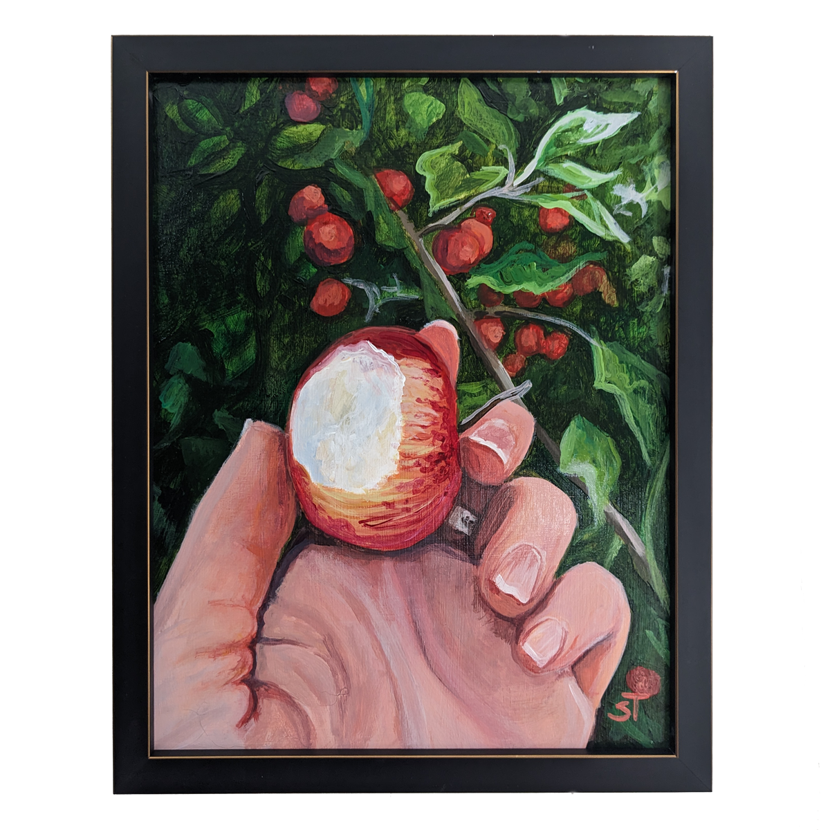 Original acrylic painting on wood panel featuring a hand holding a red apple with a green and brown background, framed in a black frame with silver accents.