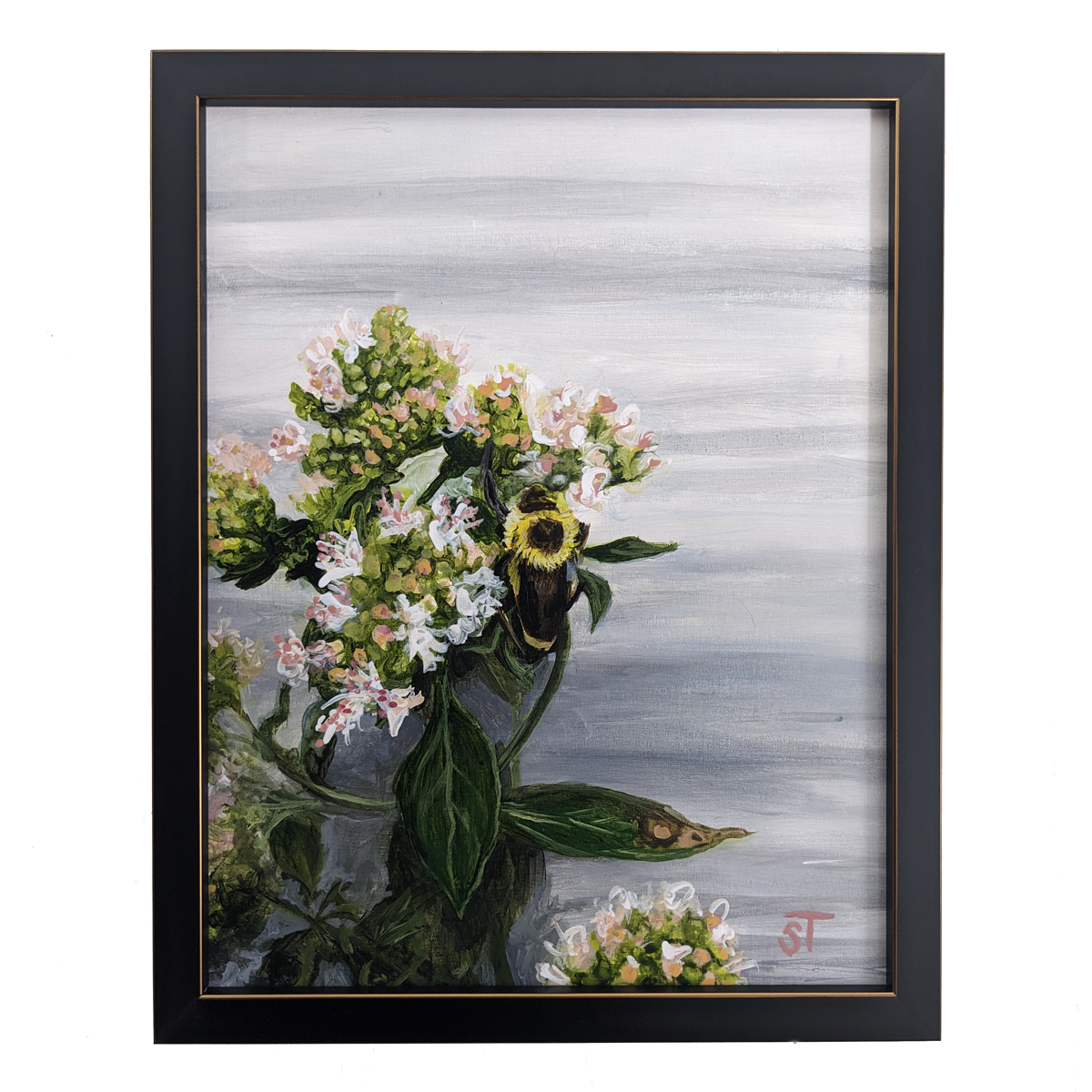 Original acrylic painting on wood panel featuring a bumblebee alighting upon a flower, framed in a black frame with gold accents.