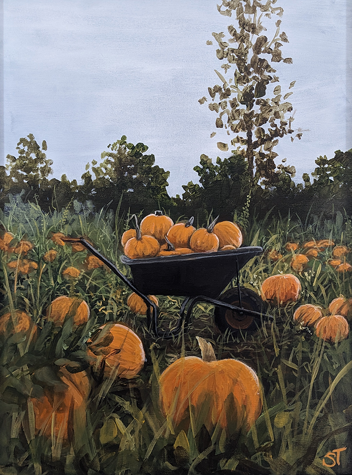 Original Pumpkin Patch Acrylic Painting Artwork featuring a pumpkin patch and wheel barrow full of bright orange pumpkins. 