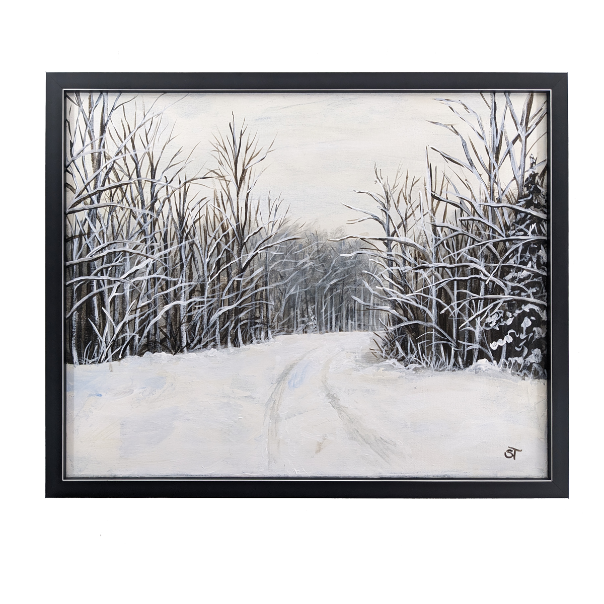 An original acrylic painting on canvas featuring a snowy landscape with trees, framed in a black frame with silver accents.