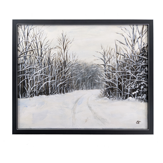 An original acrylic painting on canvas featuring a snowy landscape with trees, framed in a black frame with silver accents.