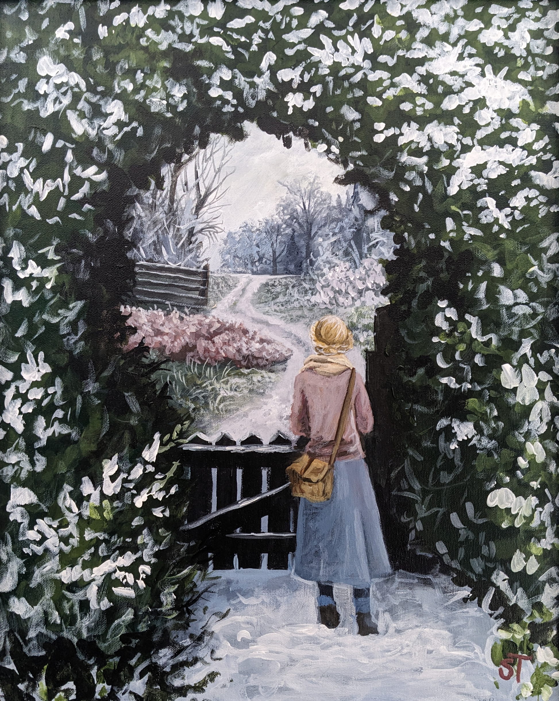 Original Winter Gate acrylic artwork featuring a bundled up female figure with blonde hair, walking away from the viewer, through an arched evergreen gateway towards a frost covered country landscape. 