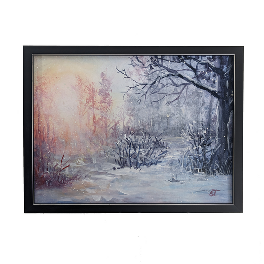 Original Winter Wonderland acrylic painting, featured in a black custom frame with gold elements, displayed against a white background. 