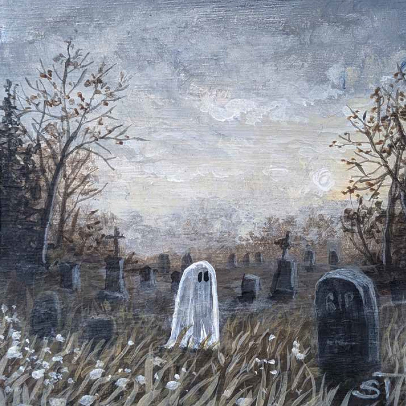 Painting of a Ghost figure among tombstones in a cemetery with a moonlit sky.